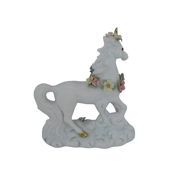Porcelain Unicorn with Gold Horn and Flowers 6" High Standing 1997 - Picture 5 of 9